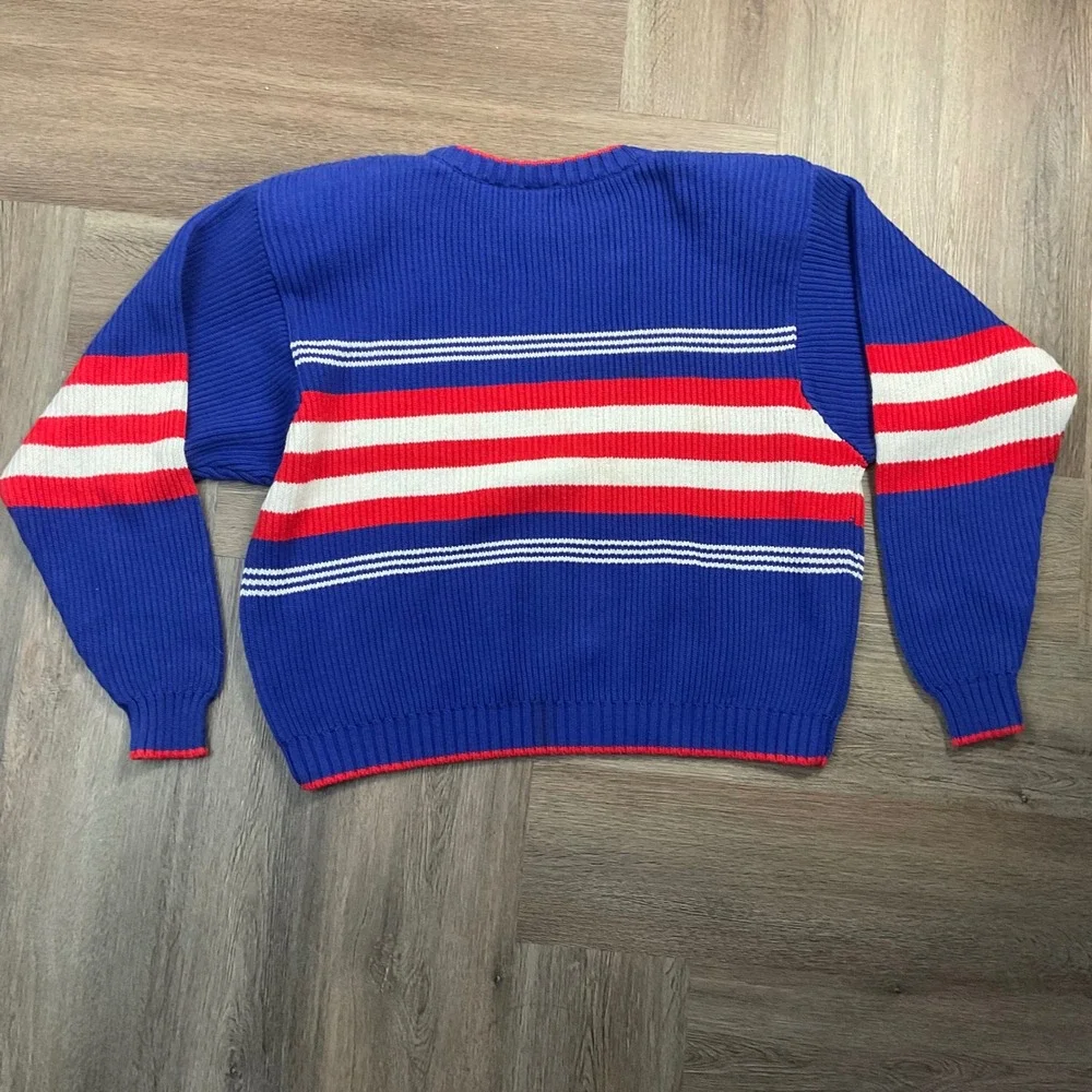 Vintage 90s‎ Lizsport Striped Ribbed Knit Cotton Sweater Womens Large Blue Red